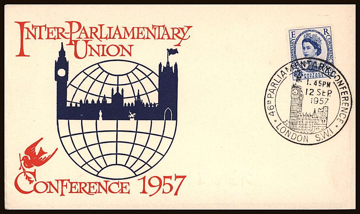 view larger back view image for 46th Parliamentary Union Conference single on an UNADDRESSED official FDC cancelled with the large special commemorative cancel dated 12 SEPT 1957.. Note this cancel is a good strike - many are usually seen incomplete. Rare so fine!<br/><b>QQN</b>