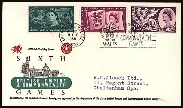 view larger back view image for Commonwealth Games set of three on a colour illustrated neatly typed addressed FDC cancelled with the CARDIFF slogan cancel reading ''EMPRIRE & COMMONWEALTH GAMES'' dated 18 JUL 1958 
<br/><b>QQN</b>