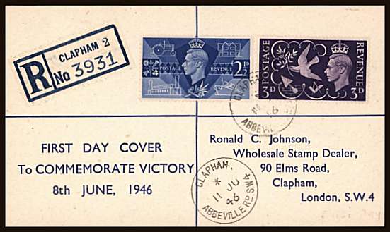 view larger back view image for Victory set of two on a printed cachet and printed address FDC clearly and crisply cancelled with a steel CDS for ABBEVILLE RD - CLAPHAM - SW4 dated 11 JU 46. Bright and fresh!
<br/><b>QQN</b>