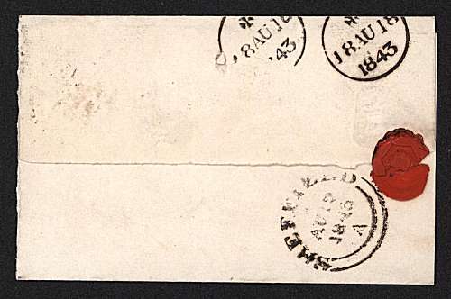 view larger back view of image for 1d Red from Plate 33 lettered ''M-L'' on a small entire from LONDON cancelled with an <b>upright</b> ''10'' in MALTESE CROSS to SHEFFIELD 8 AUG 1843 arriving 12 AUG 1846. Fine and rare!
<br/><b>QQZ</b>