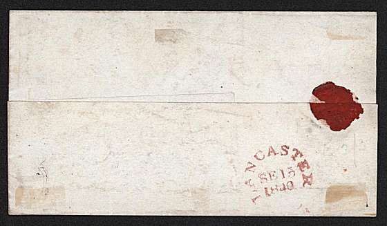 view larger back view of image for 1d Black from Plate Three lettered ''M-G'' with good margins tied to a small entire with a Red Maltese Cross endorsed AFTERNOON MAIL to PRESTON cancelled on back LANCASTER SE 15 1840<br/>SG Cat £900 
<br/><b>QQZ</b>