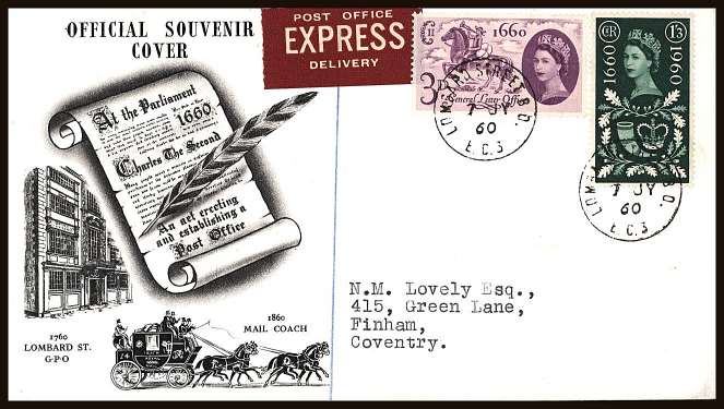view larger back view image for General Letter Office set of two on illustrated FDC with printed address sent EXPRESS cancelled with the scarce LOMBARD STREET steel CDS dated 7 JY 60. Superb. 
<br/><b>ZZB</b>
