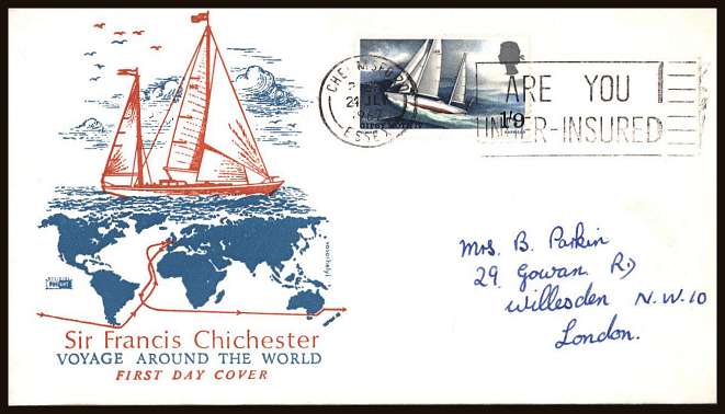 view larger back view image for Sir Francis Chichester's World Voyage single on a hand addressed PHILART colour illustrated FDC cancelled with an ''ARE YOU INSURED'' slogan cancel 24 JUL 1967
<br/><b>ZZB</b>