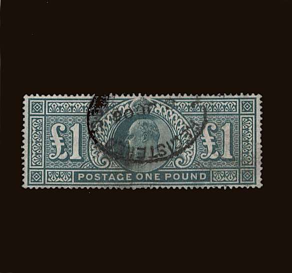 view larger image for SG 266 (1902) - <b>£1 Dull Blue Green - De La Rue</b><br/>
A good fine used stasmp cancelled with a central oval REGISTERED date stamp dated 6 JU 06. Because the stamp is dated 06 this can only be a De La Rue printing.<br/>
SG Cat £825
