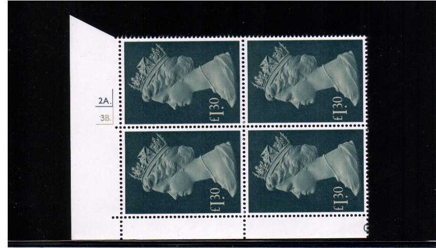 view larger image for SG 1026b (1977) - £1.30 Deep Bluish Green. A superb unmounted cylinder block of four - Cylinder number 2A. 3B.
