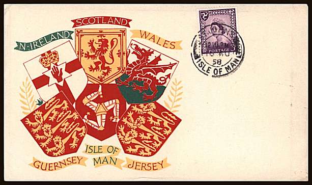 view larger back view image for ISLE of MAN - 3d Deep Lilac on a colour printed <b>UNADDRESSED </b>illustrated First Day Cover cancelled with a ST JOHNS - ISLE OF MAN double ring CDS


 dated 18 AU 58.
<br/><b>ZZB</b>