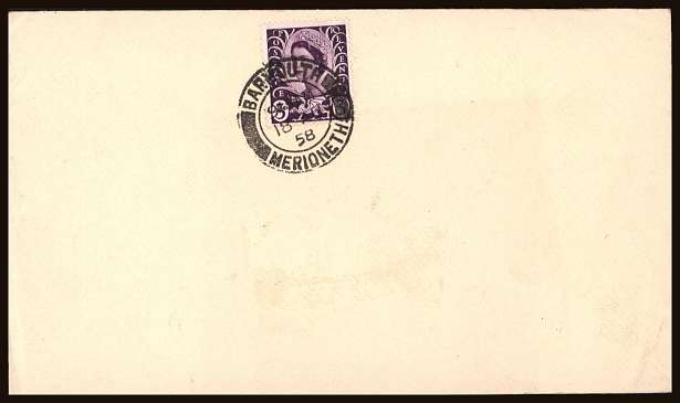 view larger back view image for WALES - 3d Deep Lilac on a plain <b>UNADDRESSED </b> First Day Cover cancelled with a
a BARMOUTH double ring CDS

 dated 18 AU 58.
<br/><b>ZZB</b>
