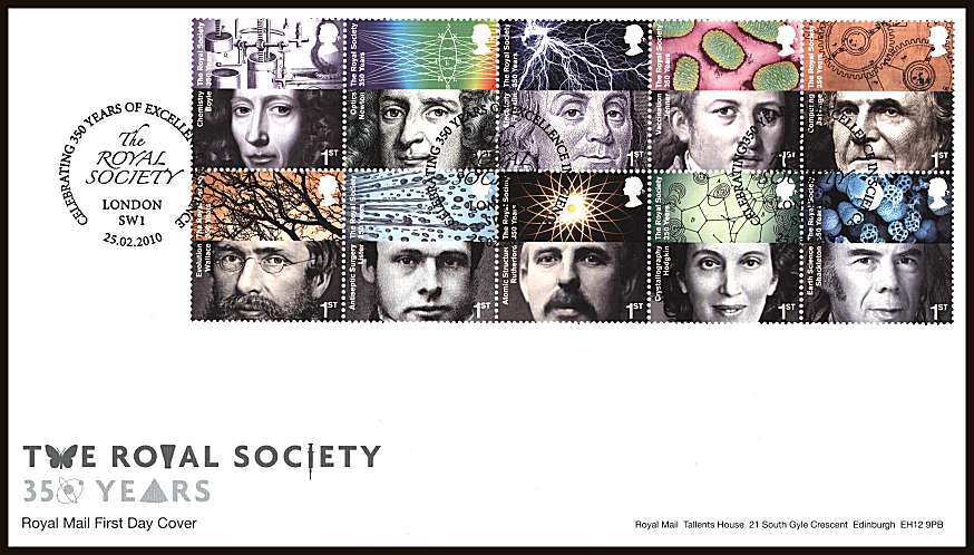 view larger back view image for 	The Royal Society block of tenon an unaddressed official Royal Mail First Day Cover cancelled with three strikes of a
CELEBRATING 350 YEARS OF EXCELLENCE IN SCIENCE - LONDON SW1
special handstamp dated 
25.02.2010
<br/><b>ZZC</b>