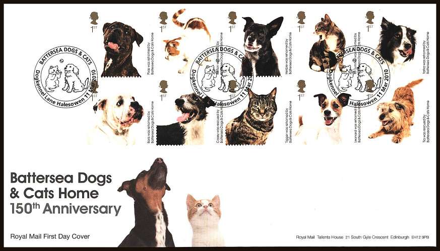 view larger back view image for Battersea Dogs and Cats Home block of ten on an unaddressed official Royal Mail First Day Cover cancelled with three strikes of a
DOGKENNEL LANE - HALESOWEN 
special handstamp dated 
11 Mar 2010
<br/><b>ZZC</b>