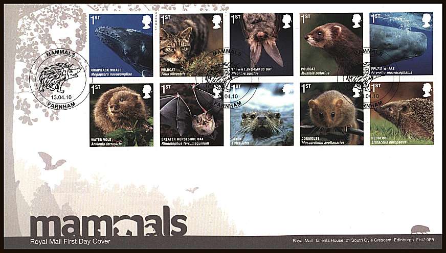 view larger back view image for Action for Species - 4th Series - Mammals block of ten on an unaddressed official Royal Mail First Day Cover cancelled with three strikes of a MAMMALS - FARNHAM

special handstamp dated 
13.04.10
<br/><b>ZZC</b>