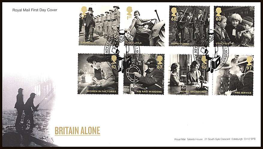 view larger back view image for 	Britain Alone set of eight on an unaddressed official Royal Mail First Day Cover cancelled with two strikes of a
BRITAIN ALONE - LONDON
special handstamp dated 
13.5.10
<br/><b>ZZC</b>