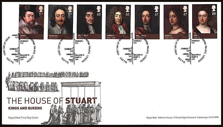 view larger back view image for House of Stuart set of sevenon an unaddressed official Royal Mail First Day Cover cancelled with three strikes of a KENSINGTON PALACE - LONDON

special handstamp dated 
15.6.2010
<br/><b>ZZC</b>