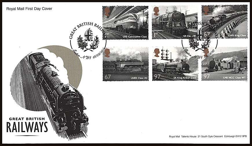 view larger back view image for Great British Railways set of six on an unaddressed official Royal Mail First Day Cover cancelled with two strikes of a GREAT BRITISH RAILWAYS - EUSTON NW1

special handstamp dated 19/08/10

<br/><b>ZZC</b>