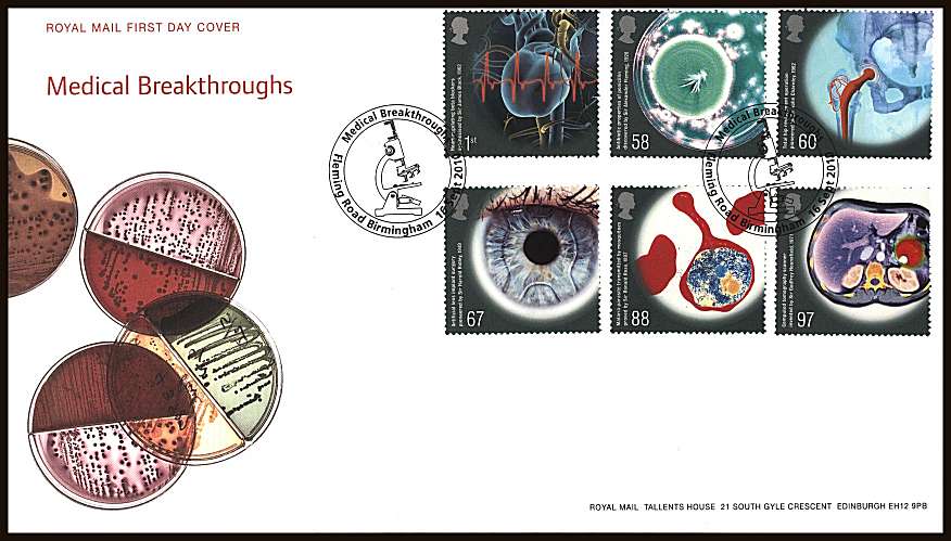 view larger back view image for Medical Breakthroughs set of six on an unaddressed official Royal Mail First Day Cover cancelled with two strikes of a FLEMING ROAD - BIRMINGHAM

special handstamp dated 
16 SEPT 2010
<br/><b>ZZC</b>