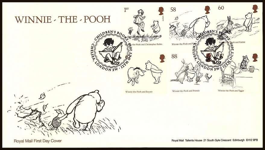 view larger back view image for Winnie The Pooh set of six on an unaddressed official Royal Mail First Day Cover cancelled with two strikes of a CHILDREN'S BOOKS - CHELSEA - LONDON SW

special handstamp dated 12th OCT 2010

<br/><b>ZZC</b>