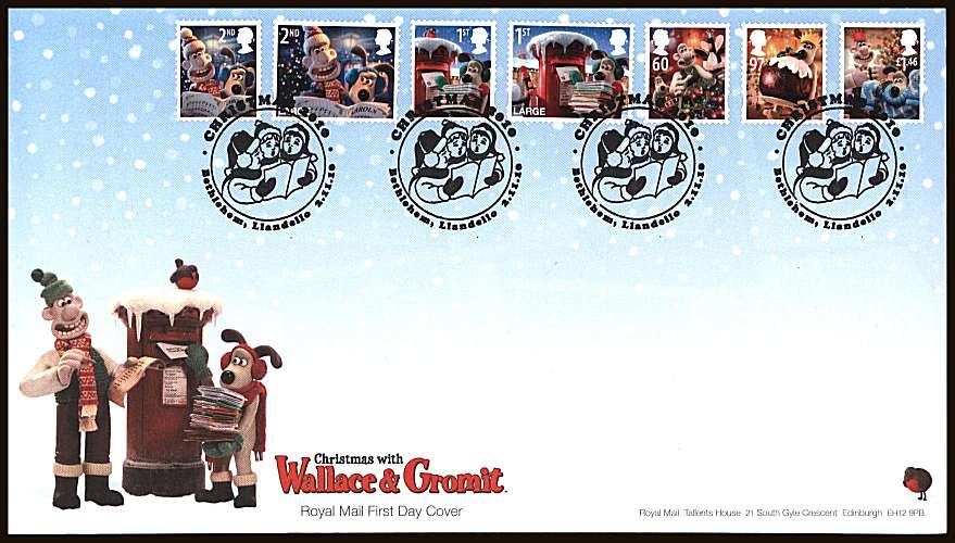 view larger back view image for Christmas - Wallace and Gromit set of seven on an unaddressed official Royal Mail First Day Cover cancelled with four strikes of a BETHLEHEM - LLANDEILO

special handstamp dated 2.11.10

<br/><b>ZZC</b>