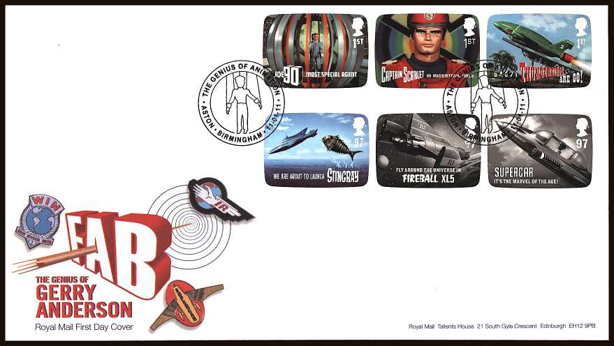 view larger back view image for The Genius of Gerry Anderson set of six on an unaddressed official Royal Mail First Day Cover cancelled with two strikes of a THE GENIUS OF ANIMATION - ASTON - BIRMINGHAM

special handstamp dated 11-01-11

<br/><b>ZZC</b>