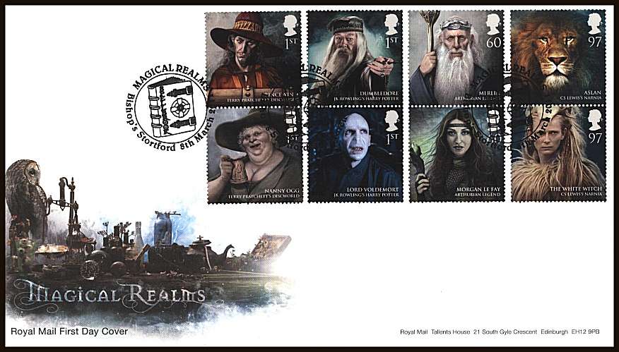 view larger back view image for Magical Realms set of eight on an unaddressed official Royal Mail First Day Cover cancelled with three strikes of a MAGICAL DREAMS - BISHOP'S STORTFORD 

special handstamp dated 
8th MARCH 2011
<br/><b>ZZC</b>