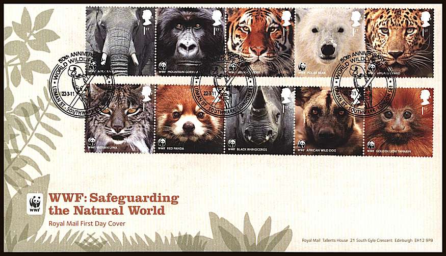 view larger back view image for 50th Anniversary of WWF set of ten on an unaddressed official Royal Mail First Day Cover cancelled with three strikes of a WORLD WILDLIFE AT RISH - LOMAN ST - SOUTHWARK - LONDON SE1

special handstamp dated 
22.3.11
<br/><b>ZZC</b>