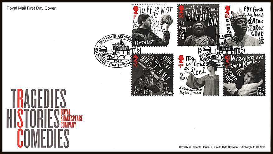 view larger back view image for 	Royal Shakespeare Company set of six on an unaddressed official Royal Mail First Day Cover cancelled with two strikes of a
WILLIAM SHAKESPEARE - WATERSIDE - STRATFORD-UPON-AVON
special handstamp dated 
14.4.11
<br/><b>ZZC</b>