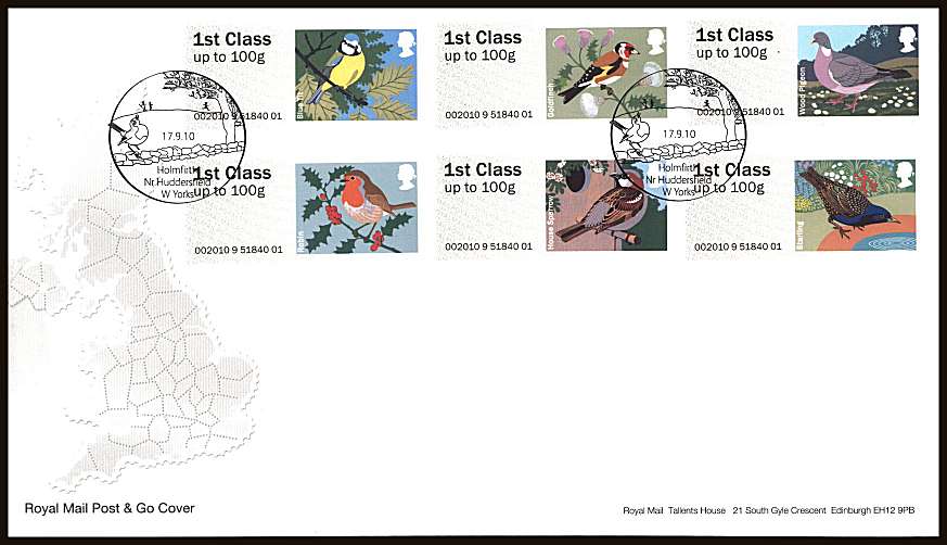 view larger back view image for ROYAL MAIL 'POST & GO' - Birds of Britain - 1st Series
set of six on an unaddressed official Royal Mail FDC cancelled with two strikes of the
HOLMFIRTH - HUDDERSFIELD - W YORKS
handstamp dated 
17.9.10
<br/><b>ZZC</b>