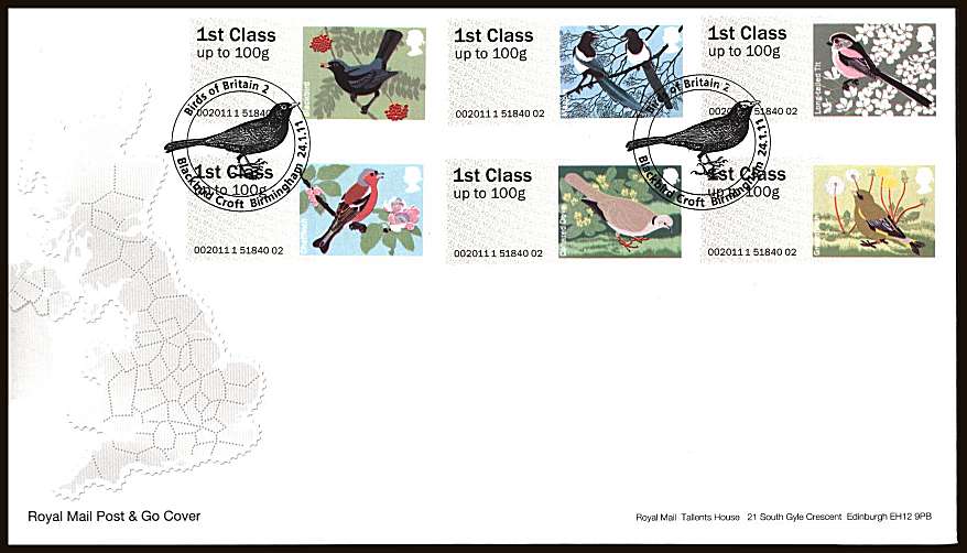 view larger back view image for ROYAL MAIL 'POST & GO' - Birds of Britain - 2nd 

Series set of six on an unaddressed official Royal Mail FDC cancelled with two strikes of the BLACKBIRD CROFT - BIRMINGHAM

handstamp dated 24.1.11

<br/><b>ZZC</b>