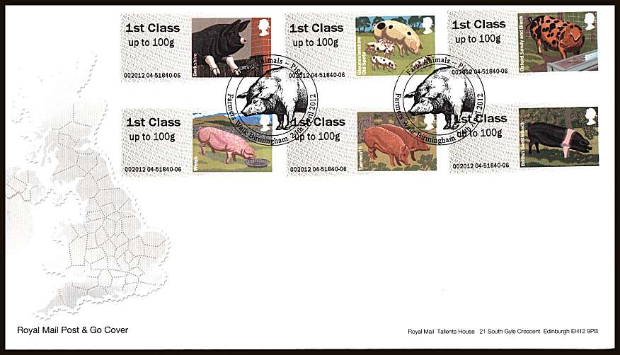 view larger back view image for ROYAL MAIL 'POST & GO' - Btitish Farm Animals Pigs - 2nd Series 

set of six on an unaddressed official Royal Mail FDC cancelled with two strikes of the FARMERS WALK - BIRMINGHAM

handstamp dated 24th APRIL 2012

<br/><b>ZZC</b>