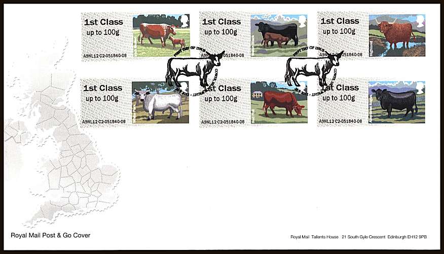 view larger back view image for ROYAL MAIL 'POST & GO' - British Farm Animals - Cattle - 3rd Series
 set of six on an unaddressed official Royal Mail FDC cancelled with two strikes of the COWES - ISLE OF WIGHT

handstamp dated 28.9.12

<br/><b>ZZC</b>