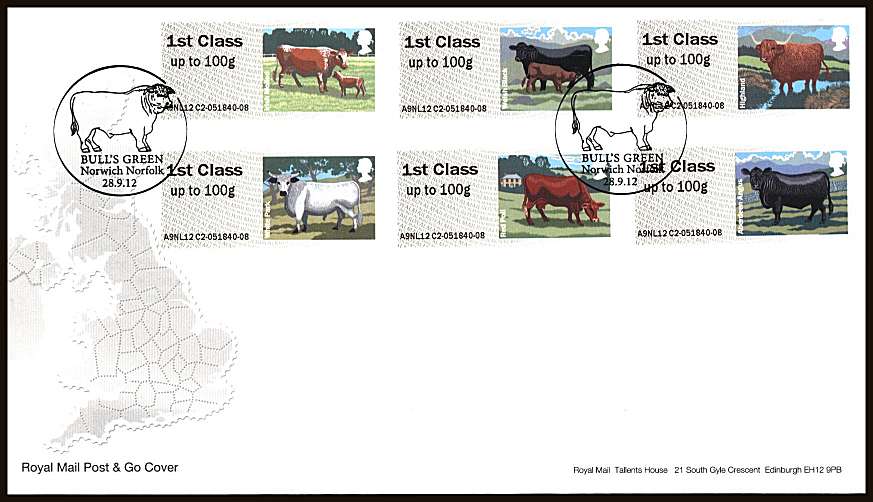 view larger back view image for ROYAL MAIL 'POST & GO' - British Farm Animals - Cattle - 3rd Series 
 set of six on an unaddressed official Royal Mail FDC cancelled with two strikes of the
BILL'S GREEN - NORWISH - NORFOLK
handstamp dated 
28.9.12
<br/><b>ZZC</b>