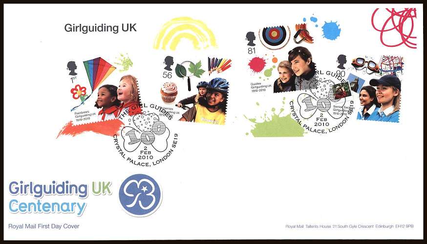 view larger back view image for Girlguiding UK Centenary  minisheet on an unaddressed official Royal Mail First Day Cover cancelled with THE GIRL GUIDES - CRYSTAL PALACE - LONDON SE19
handstamp dated 
2 FEB 2010

<br/><b>ZZC</b>