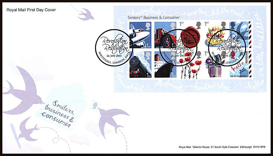 view larger back view image for Smilers minisheet on an unaddressed official Royal Mail FDC cancelled with the 
REVOLUTION RESTORATION - WHITEHALL - LONDON SW1
handstamp dated 26 JAN 2010

<br/><b>ZZC</b>