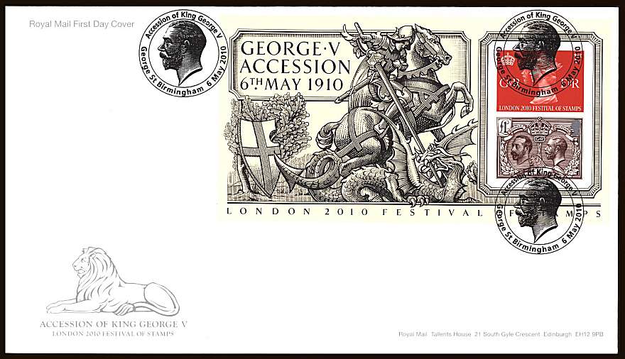 view larger back view image for 	London 2010 - Accession of George V minisheet on an unaddressed official Royal Mail FDC cancelled with the 
ACCESSION OF KING GEORGE V - GEORGE ST BIRMINGHAM
handstamp dated
6 MAY 2010
<br/><b>ZZC</b>