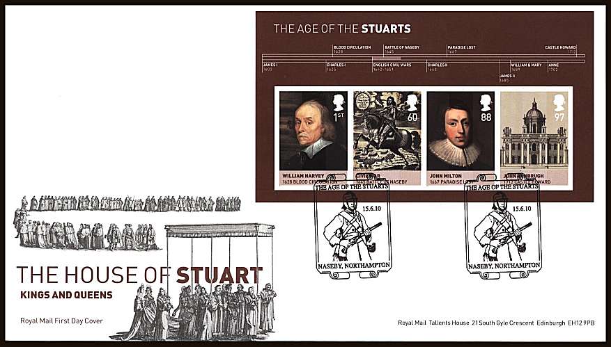view larger back view image for THE AGE OF THE STUARTS minisheet on an unaddressed official Royal Mail FDC cancelled with the NASEBY _ NOTHAMPTON

handstamp dated 15.6.10

<br/><b>ZZC</b>