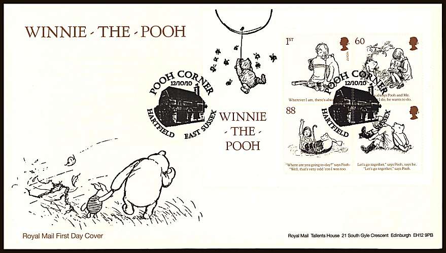 view larger back view image for Winnie The Pooh minisheet on an unaddressed official Royal Mail FDC cancelled with POOH CORNER - HARTFIELD - EAST SUSSEX 

handstamp dated 12/10/10

<br/><b>ZZC</b>