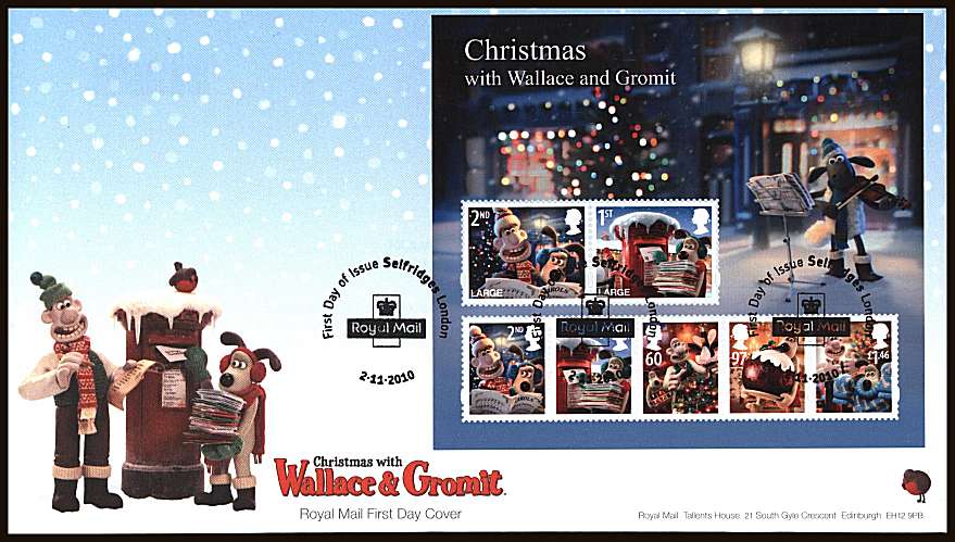view larger back view image for Christmas - Wallace and Gromit minisheet on an unaddressed official Royal Mail FDC cancelled with the SELFRIDGES - LONDON

handstamp dated 2.11.2010

<br/><b>ZZC</b>