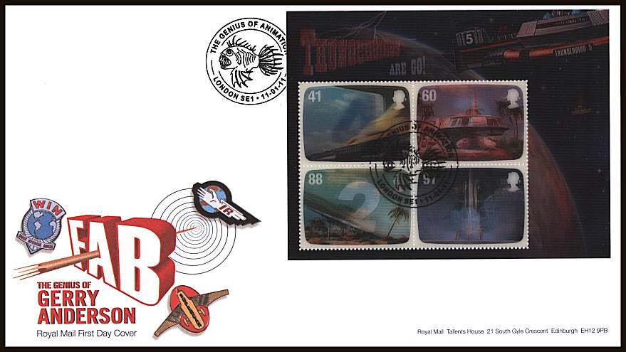 view larger back view image for The Genius of Gerry Anderson minisheet on an unaddressed official Royal Mail FDC cancelled with THE GENIUS OF ANIMATION - LONDON SE1 

handstamp dated 11.01.11

<br/><b>ZZC</b>