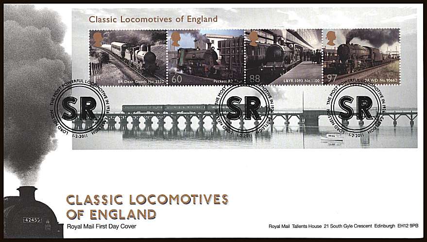 view larger back view image for Classic Locomotives of England minisheet on an unaddressed official Royal Mail FDC cancelled with the LORD NELSON - THE MOST POWERFUL LOCOMOTIVE - EASTLEIGH

handstamp dated 1.2.2011

<br/><b>ZZC</b>