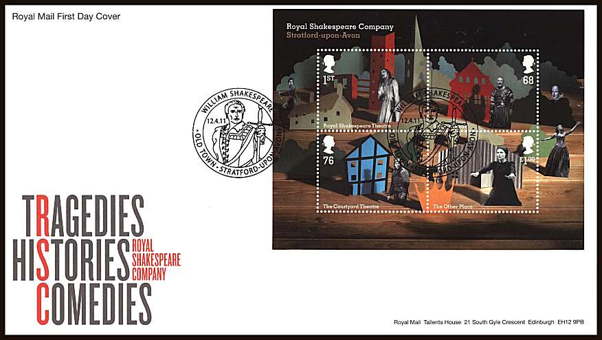 view larger back view image for Royal Shakespeare Companyminisheet on an unaddressed official Royal Mail FDC cancelled with the WILLIAM SHAKESPEARE - OLD TOWN - STRATFORD-UPON-AVON

handstamp dated 12.4.11

<br/><b>ZZC</b>