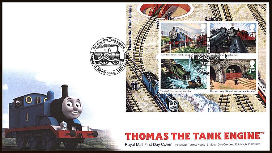 view larger back view image for Thomas the Tank Engine minisheet on an unaddressed official Royal Mail FDC cancelled with the THOMAS ST - BIRMINGHAM 

handstamp dated 14th JUNE 2011

<br/><b>ZZC</b>