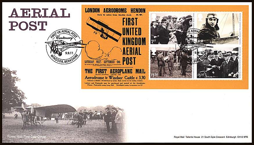 view larger back view image for Aerial Post minisheet on an unaddressed official Royal Mail FDC cancelled with FIRST UK AERIAL POST - WINDSOR - BERKSHIRE

handstamp dated 9.9.11

<br/><b>ZZC</b>