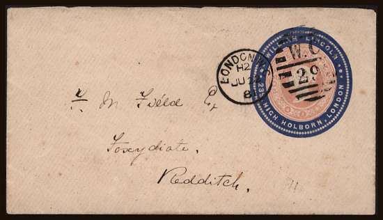 view larger front view of image for 1d Pink Postal Sationery envelope with a Blue ''WILLIAM LINCOLN advertising ring cancelled with London W.C. dated duplex dated JU 22 81 to REDDITCH. Fine and very rare.
<br/><b>QQB</b>
