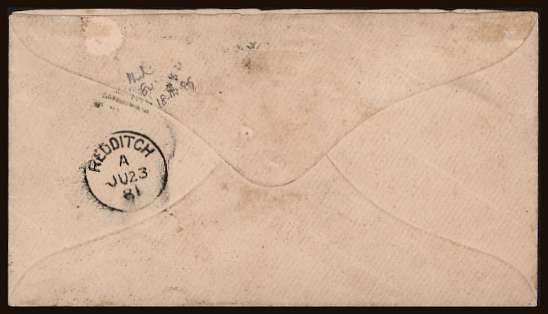 view larger back view of image for 1d Pink Postal Sationery envelope with a Blue ''WILLIAM LINCOLN advertising ring cancelled with London W.C. dated duplex dated JU 22 81 to REDDITCH. Fine and very rare.
<br/><b>QQB</b>
