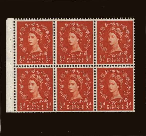 view larger image for SG SB16 (1961) - ½d Orange - Watermark Multiple Crowns - PHOSPHOR<br/>A superb unmounted mint Booklet pane of six with a few trimmed perfs.