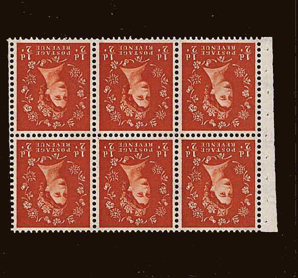 view larger image for SG SB16a (1961) - ½d Orange - Watermark Multiple Crowns - PHOSPHOR<br/>
A superb unmounted mint Blooket pane of six with WATERMARK INVERTED.
