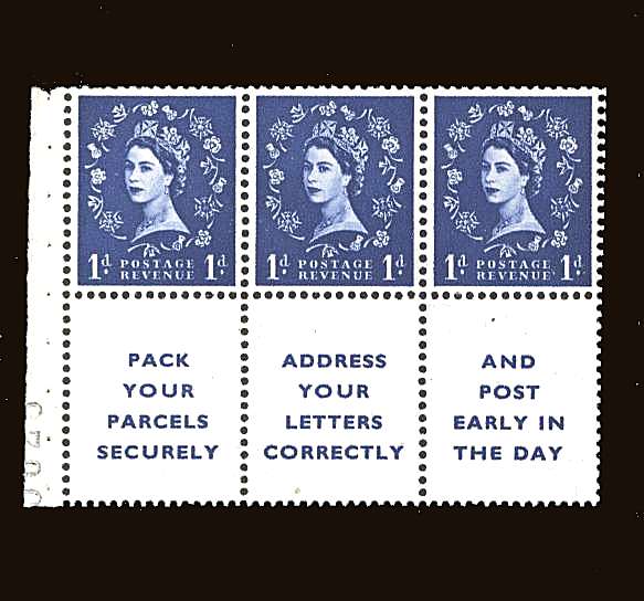 view larger image for SG SB25 (1955) - 1d Ultramarine - Watermark Tudor Crown<br/>
A superb unmounted mint Booklet pane with printed labels<br/>''PACK YOUR PARCELS SECURELY'' etc.