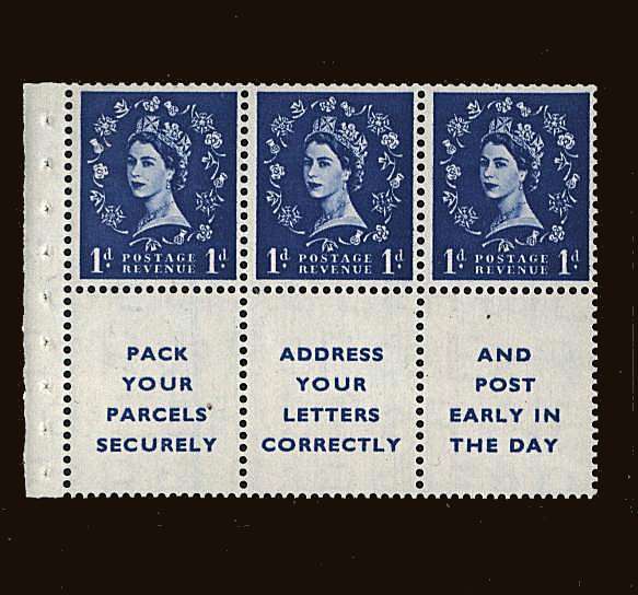 view larger image for SG SB29 (1955) - 1d Ultramarine
 - Watermark Edward Crown<br/>
A superb unmounted mint Booklet pane of six<br/> with printed labels ''PACK YOUR PARCELS SECURELY'' etc.