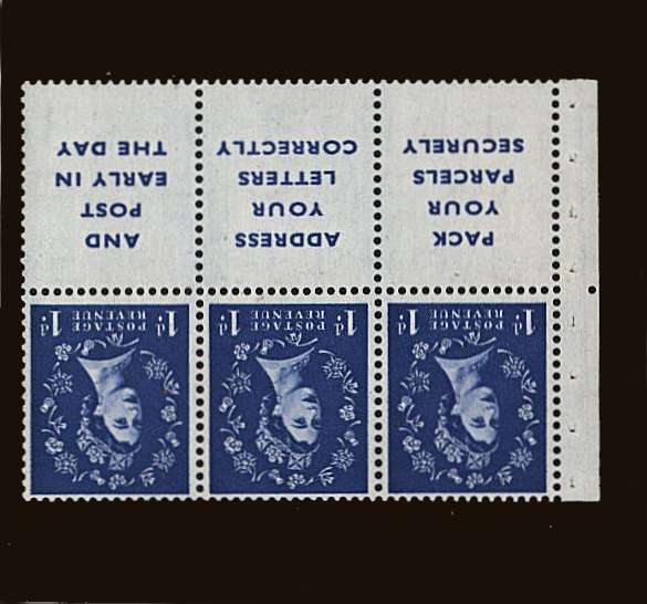 view larger image for SG SB29a (1955) - 1d Untramarine
 - Watermark Edward Crown<br/>
A superb unmounted mint Booklet pane of six<br/> with WATERMARK INVERTED<br/>with printed labels ''PACK YOUR PARCELS SECURELY'' etc.