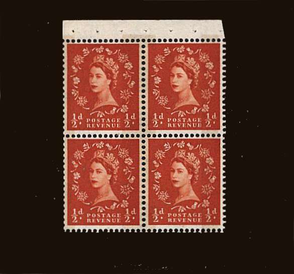 view larger image for SG SB18 (1961) - ½d Orange - Watermark Multiple Crowns<br/>
Perf Type 1(½v)<br/>
A superb unmounted mint booklet pane of four with WATERMARK CROWN TO LEFT when seen from the front. 	
