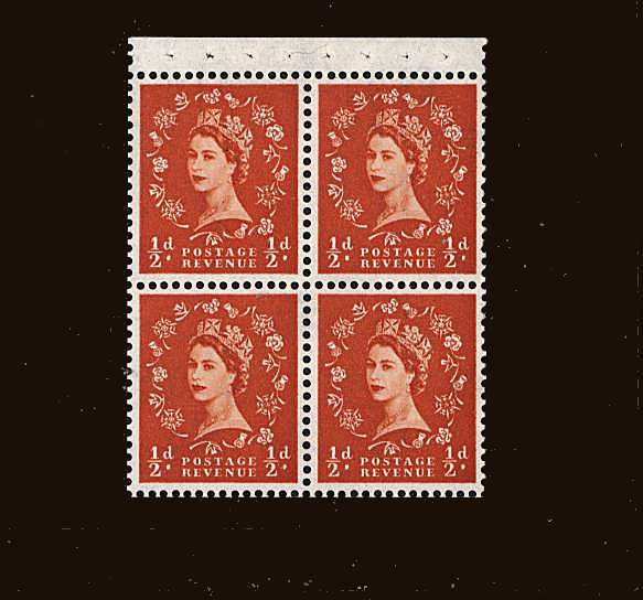 view larger image for SG SB9 (1959) - ½d Orange - Watermark Multiple Crowns<br/>
A superb unmounted mint Booklet pane of four