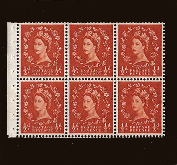 view larger image for SG SB7 (1958) - ½d Orange - Watermark Multiple Crowns<br/>
A superb unmounted mint Booklet pane of six